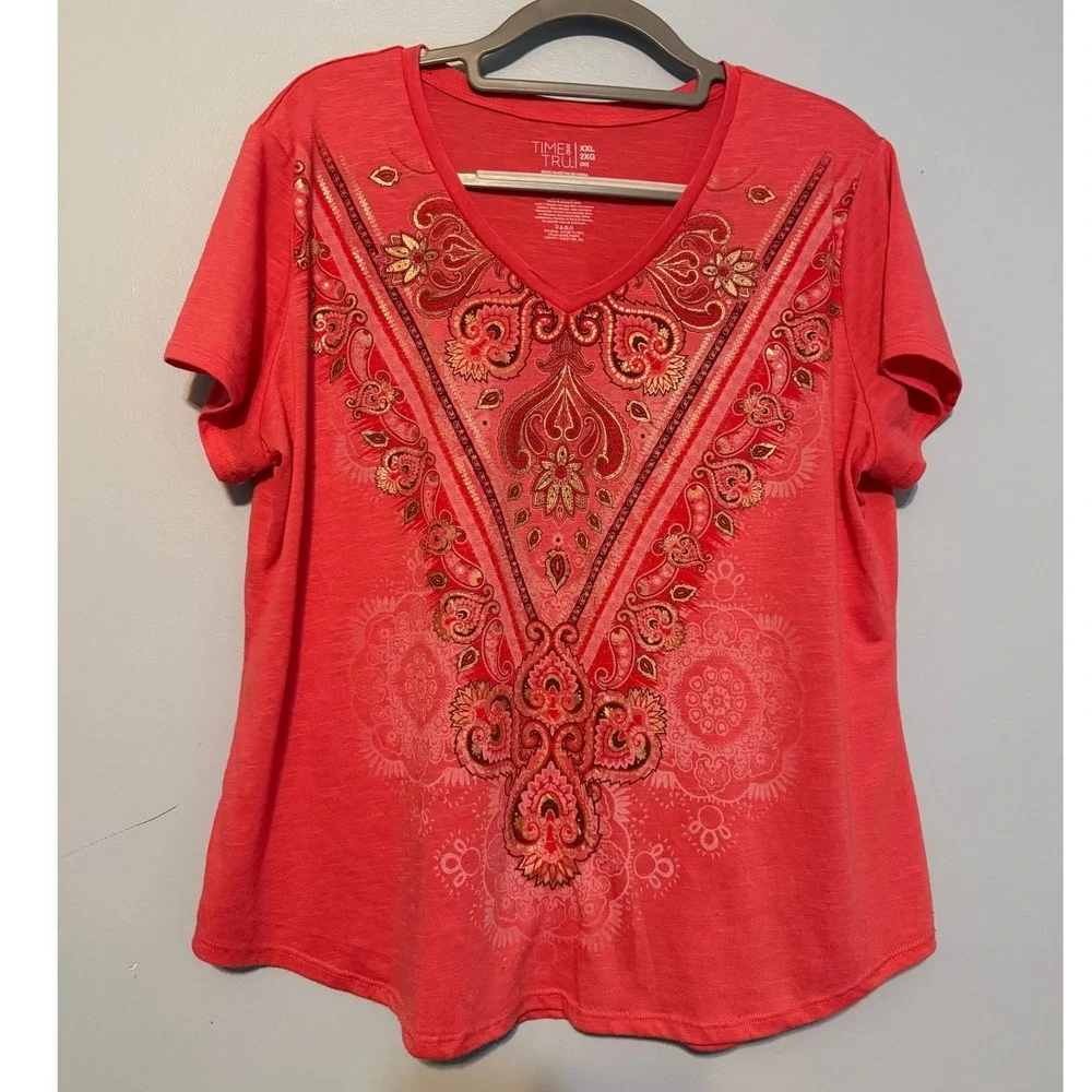 Time and Tru Women's XXL Coral Punch Boho V-Neck Tee Gold Foil Slub Knit 1979